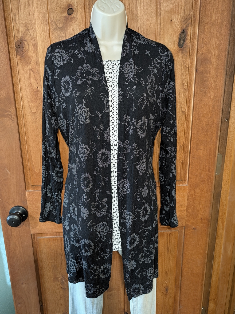 Lands' End Black Faux Crochet Floral Open-Front Cardigan Duster